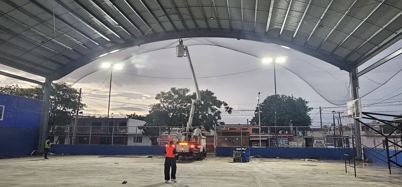 Instalación de red antipalomas en el arco de un domo con camión canastilla