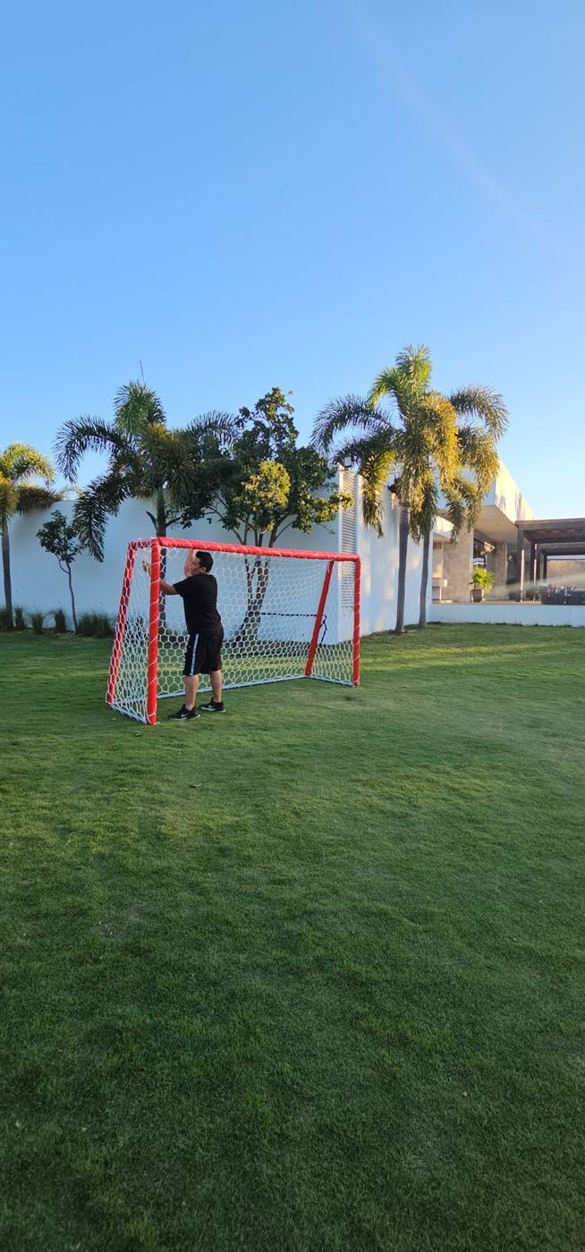 Portería de fútbol con marco rojo y red blanca en un jardín con palmeras